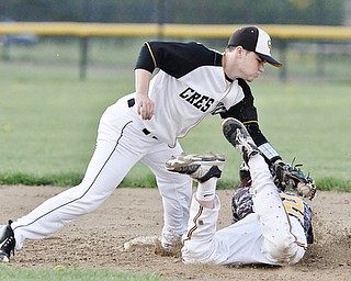 Jeff Lange | The Vindicator  MAY 6, 2015 - Riley Mackall, shortstop for Crestview puts the tag on South Range base runner Aniello Buzzacco in the bottom of the fourth inning of their game at South Range High School, Wednesday night.