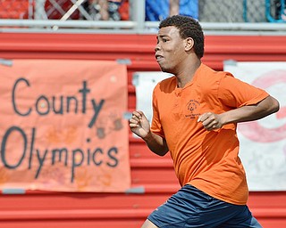 Jeff Lange | The Vindicator  MAY 9, 2015 - Dante Boley of Columbiana County sprints to the finish as he takes first in the the 100 meter dash during Saturday's Special Olympics at Arrowhead Stadium in Girard.