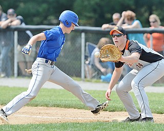 Jeff Lange | The Vindicator  MAY 9, 2015 - Poland base runner Marty Malefic (left) runs back to first to beat the throw from the mound as Springfield first baseman Mark Schuler prepares to make the catch in the bottom of the third inning of their matchup at Poland High School.
