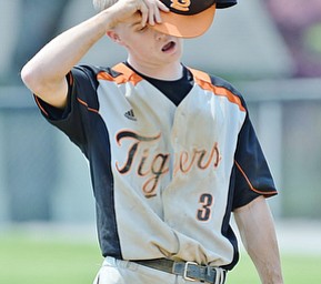 Jeff Lange | The Vindicator  MAY 9, 2015 - Tigers' starting pitcher Dalton Donachie reacts to Springfield allowing Poland to bring in two runs in the bottom of the third inning of Saturday's game at Poland High School. Sprinfield was beat by Poland 11-1 in five innings.