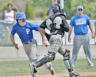 Jeff Lange | The Vindicator  MAY 9, 2015 - Poland's Ricky Svetlak (left) darts past Springfield catcher Hunter Snyder only to be tagged out on his way home in the bottom of the fourth inning of Saturday' game at Poland High School.
