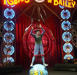 Katie Rickman | The Vindicator.A clown reacts as he throws his juggling pins when losing his balance during the pre-show of the Ringling Bros. and Barnum & Bailey opening night at Covelli Centre on May 6, 2015.