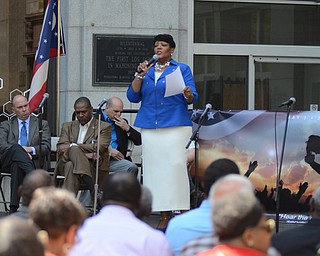 Katie Rickman | The Vindicator.Andrea Mahone of Youngstown speaks during the National Day of Prayer ceremony downtown Youngstown on May 7, 2015.
