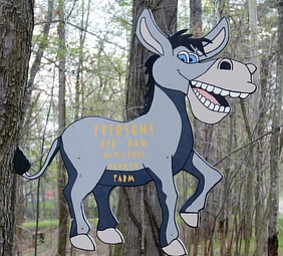 Katie Rickman | The Vindicator.The sign gifted to the Everson’s by their daughter-in-law hangs at the end of the driveway at 7160 West Middletown Rd., Canfield) which leads to their small farm where their donkeys graze.