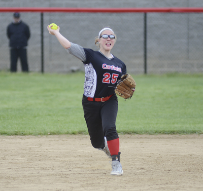 Katie Rickman | The Vindicator.Canfield's short stop Rachel Tinkey (25) throws in the ball after catching the out during the 5th against Girard at Canfield High School on May 12, 2015.
