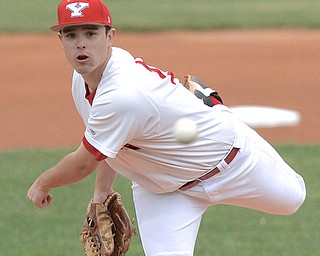 Jeff Lange | The Vindicator  MAY 12, 2015 - Penguins' starting pitcher Joe King watches his pitch to an Ohio State batter in the first inning of their matchup, Tuesday night at Eastwood Field.
