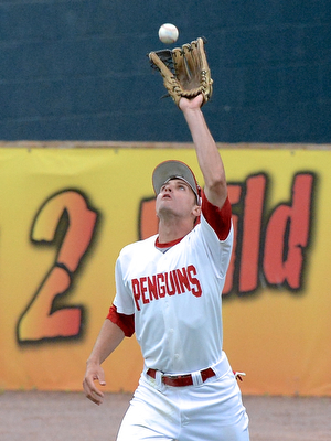 Jeff Lange | The Vindicator  MAY 12, 2015 - Penguins' right field Lorenzo Arcuri catches a fly sent to far right field for the second out of the second inning against The Ohio State University, Tuesday night at Eastwood Field.