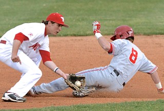 Jeff Lange | The Vindicator  MAY 12, 2015 - Youngstown second baseman Kevin Hix (left) catches the throw from home as OSU's Troy Montgomery (8) slides past in the fourth inning of Tuesdays game at Eastwood Field.