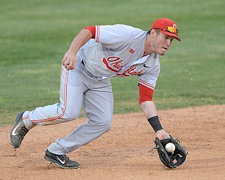 Jeff Lange | The Youngstown Vindicator - May 12, 2015 - Ohio State shortstop Craig Nennig fields a ground ball to short in the fourth inning of the Buckeye's matchup against Youngstown State University, Tuesday night at Eastwood Field in Niles, OH. The Buckeyes shutout the Penguins 7-0.