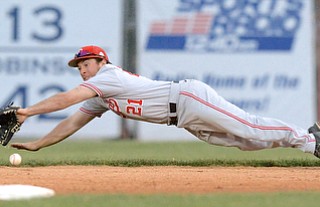 Jeff Lange | The Youngstown Vindicator - May 12, 2015 - Ohio State University's second baseman Nick Sergakis dives in attempt to field a YSU ground ball sent up the middle in the fifth inning of the Buckeye's game at Eastwood Field in Niles, OH, Tuesday night. The Buckeyes shutout the Penguins 7-0.