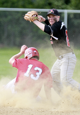 William D Lewis Canfield's Mark Wittman(21)unsuccesfully tries to turn a double play at 2nd. out is Niles'Tyler Srbinovich(3) during 5-14 game at Canfield. Cards won.