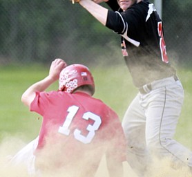 William D Lewis Canfield's Mark Wittman(21)unsuccesfully tries to turn a double play at 2nd. out is Niles'Tyler Srbinovich(3) during 5-14 game at Canfield. Cards won.