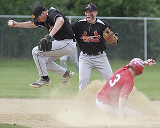 William D Lewis the vindicator Canfield's Nick Dastoli(3) reacts after putting out Niles Jaret Johnson (3) at 2nd. In background is Canfield's Mark Wittman(21).  Canfield won in exra innings.