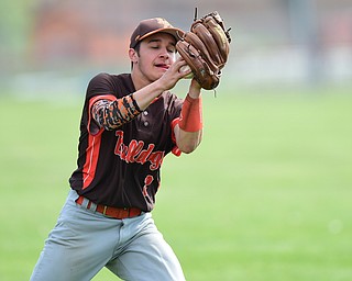 NEW MIDDLETOWN, OHIO - MAY 15, 2015: Second basemen Sam Yarosz #2 of East Palestine catches the ball for the out in shallow right field int he bottom of the 2nd inning during a game Friday afternoon at Springfield High School. (Photo by David Dermer/Youngstown Vindicator)