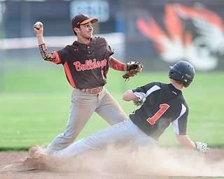 NEW MIDDLETOWN, OHIO - MAY 15, 2015: Second basemen Sam Yarosz #2 of East Palestine throws the ball to first to turn a double play after stepping on second to force out Ian Grdina #1 of Springfield in the bottom of the 7th inning during a game Friday afternoon at Springfield High School. (Photo by David Dermer/Youngstown Vindicator)