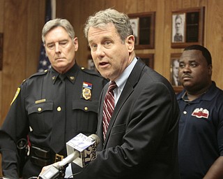        ROBERT K. YOSAY  | THE VINDICATOR..U.S. Sen. Sherrod Brown, a Democrat of Cleveland, met with local law enforcement today to discuss the importance of federal funds to maintain safety..The Byrne Justice Assistance Grant (Byrne JAG) program has provided more than $15 million to help Ohio police departments.-those in attendance - Brown at mike- YPD chief Robin Lees- Guy Burney-