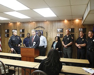        ROBERT K. YOSAY  | THE VINDICATOR..U.S. Sen. Sherrod Brown, a Democrat of Cleveland, met with local law enforcement today to discuss the importance of federal funds to maintain safety..The Byrne Justice Assistance Grant (Byrne JAG) program has provided more than $15 million to help Ohio police departments.-those in attendance - Brown at mike- YPD chief Robin Lees- Guy Burney- Rev Lewis Macklin- Delphine Baldwin Casey - Sheriff Jerry Greene- Robert Cavalier - APD- and Carl Frost Beaver PD.