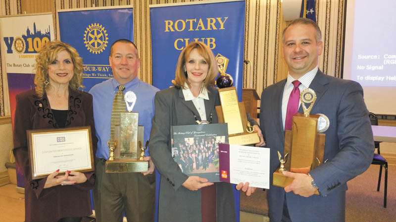 SPECIAL TO THE VINDICATOR

Rotary District 6650 presented annual club awards April 24 and 25 during its district conference in Wooster, Ohio. Among Rotary Club of Youngstown members attending the event were, above from left, Debbie Esbenshade, past district governor, who received a citation for meritorious service; Paul Garchar, president; Elayne Bozik, Rotary Foundation chairwoman; and Scott Schulick, immediate past president. Other district awards received by the club were Bryce Kendall Award — Best Club Avenue of Service Project for “Rotary Club of Youngstown Centennial”; Emmett Riley Award — Best Club Literacy Project, “The Little Free Library”; Jack Vogel Award — Best Club Public Relations; Jack Maxwell Award — runner-up for Best Club Bulletin, “The Clatter”; and a special citation for support of Rotary International’s Polio Plus polio-eradication campaign.