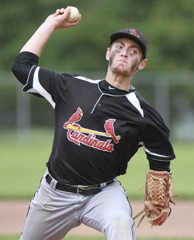 William D. Lewis the Vindicator Canfield's Joey Machuga(1) delivers during 5/20/15 win over Mooney at Cene.