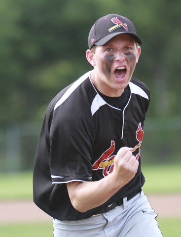 William D. Lewis the Vindicator Canfield's Anthony Vross(7) reacts after turing a double play duirng 5/20/15 win over Mooney atCene.