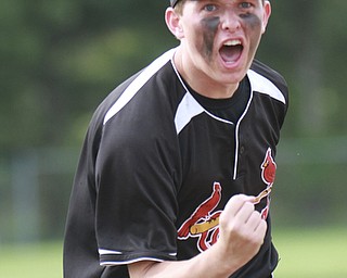 William D. Lewis the Vindicator Canfield's Anthony Vross(7) reacts after turing a double play duirng 5/20/15 win over Mooney atCene.