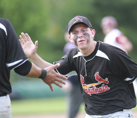 William D. Lewis the Vindicator Canfield's Anthony Vross(7) reacts after turing a double play duirng 5/20/15 win over Mooney atCene.