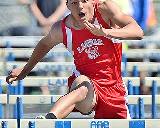 Jeff Lange | The Vindicator  MAY 23, 2015 - Keevon Harris of Labrae competes in the 110 meter hurdle event during Saturday's DII district track finals at Lakeview High School in Cortland. Harris placed second in the event with a time of 14.68.