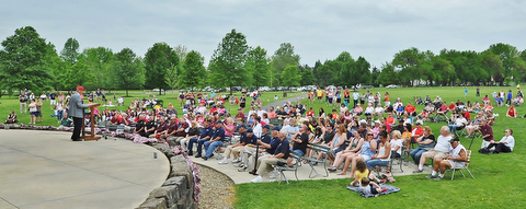 Jeff Lange | The Vindicator  MAY 25, 2015 - Hundreds of people gathered at the Maag Outdoor Arts Theatre at Boardman Park, Monday afternoon as Paul Rossi delivers his memorial day message.