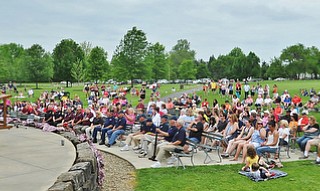 Jeff Lange | The Vindicator  MAY 25, 2015 - Hundreds of people gathered at the Maag Outdoor Arts Theatre at Boardman Park, Monday afternoon as Paul Rossi delivers his memorial day message.