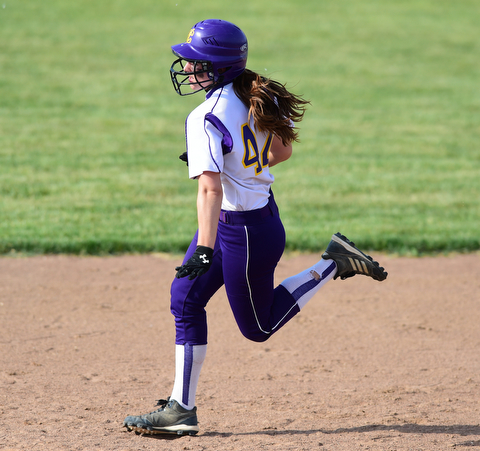 MASSILLON, OHIO - MAY 27, 2015: Base runner Amber Ricci #42 of Champion runs to second base for a double in the top of the 4th inning during Wednesday nights Regional Semi-Final game at Massillon High School. Champion won 6-5 in 9 innings. (Photo by David Dermer/Youngstown Vindicator)