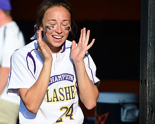 MASSILLON, OHIO - MAY 27, 2015: Alexandra Steigerwald #24 of Champion is in pure shock after Champion tied the game at 5 in the bottom of the 7th inning during Wednesday nights Regional Semi-Final game at Massillon High School. Champion won 6-5 in 9 innings. (Photo by David Dermer/Youngstown Vindicator)