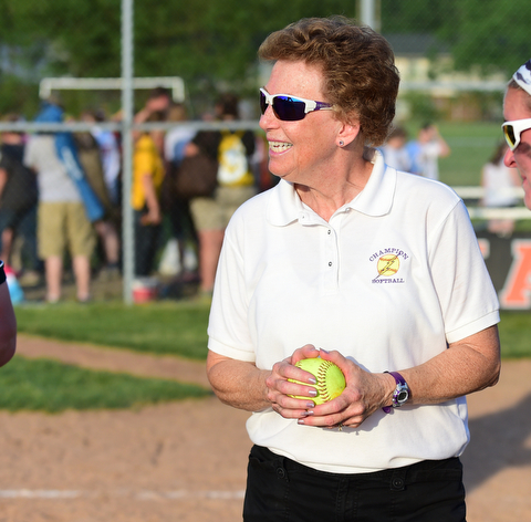 MASSILLON, OHIO - MAY 27, 2015: Head coach Cheryl Weaver of Champion smiles during an interview with the local media after Wednesday nights Regional Semi-Final game at Massillon High School. Champion won 6-5 in 9 innings. (Photo by David Dermer/Youngstown Vindicator)