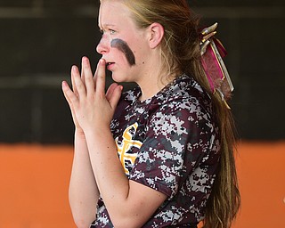 MASSILLON, OHIO - MAY 28, 2015: Codi Taylor #4 of South Range reacts in the dugout after being the 1st out in the top of the 6th inning during Thursday nights game at Massillon High School. (Photo by David Dermer/Youngstown Vindicator)
