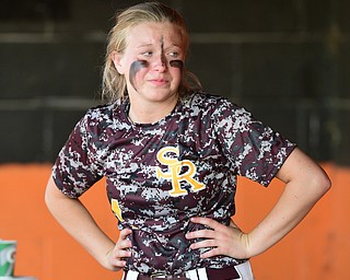 MASSILLON, OHIO - MAY 28, 2015: Codi Taylor #4 of South Range reacts in the dugout after being the 1st out in the top of the 6th inning during Thursday nights game at Massillon High School. (Photo by David Dermer/Youngstown Vindicator)