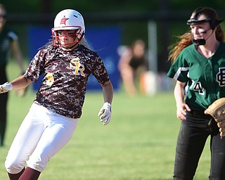 MASSILLON, OHIO - MAY 28, 2015: Base runner Jessica Skripac #8 of South Range stops at second base after hitting a RBI double in the top of the 6th inning during Thursday nights game at Massillon High School. (Photo by David Dermer/Youngstown Vindicator)
