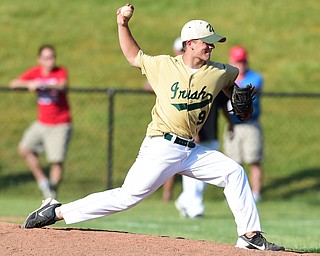 MASSILLON, OHIO - MAY 28, 2015: Pitcher Joel Hake #9 of Ursuline throws a pitch during Thursday nights game at Massillon High School. (Photo by David Dermer/Youngstown Vindicator)