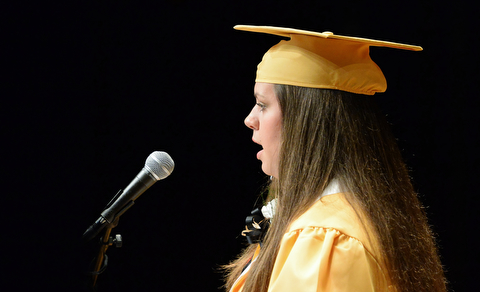 Jeff Lange | The Vindicator  MAY 28, 2015 - Harding Salutatorian Olivia Woods delivers her speech during Thursday evening's commencement ceremony at Packard Music Hall in Warren.