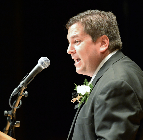 Jeff Lange | The Vindicator  MAY 28, 2015 - Harding superintendent Steve Chiaro speaks about the class of 2015 during Thursday's commencement ceremony at Packard Music Hall in Warren.