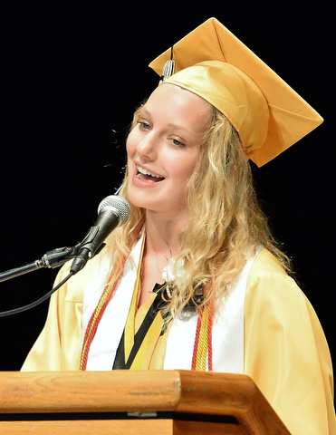 Jeff Lange | The Vindicator  MAY 28, 2015 - Harding valedictorian Cara Hernon delivers her speech during Thursday evening's commencement ceremony at Packard Music Hall.