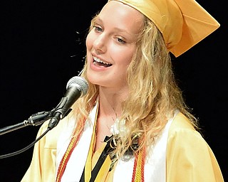 Jeff Lange | The Vindicator  MAY 28, 2015 - Harding valedictorian Cara Hernon delivers her speech during Thursday evening's commencement ceremony at Packard Music Hall.