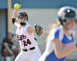Jeff Lange | The Vindicator  MAY 28, 2015 - Stangs' Meredith Grimes makes a throw to first in attempt to put out a Reserve batter in the top of the second inning at Kent State University.