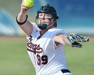 Jeff Lange | The Vindicator  MAY 28, 2015 - Stangs' starting pitcher Cheyenne Eggens winds up a pitch for a Reserve batter in the top of the third inning of their game Thursday at Kent State University.