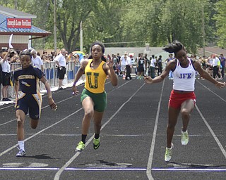 Katie Rickman | The Vindicator.Alexandra Carnathan of Ursuline, center wins 2nd place, to her left Savannah Nevels of Streetsboro and on the right Diamond Cummings of JFK at the Division 2 Region 5 Track Meet at Austintown Fitch High School. ..
