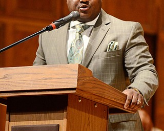 Katie Rickman | The Vindicator.Special speaker William "Guy" Burney Coordinator C.I.R.V. Youngstown addresses graduates and attendees during the East High School commencement ceremony at Stambaugh Auditorium on June 5, 2015.