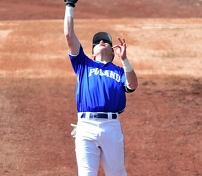 COLUMBUS, OHIO - JUNE 5, 2015: Jake Hawkins #14 of Poland catches a ball in foul territory for the 1st out in the bottom of the 1st inning during Friday mornings Division 2 semi-final game at Huntington Park. Poland won 2-0. (Photo by David Dermer/Youngstown Vindicator)
