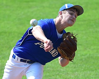 COLUMBUS, OHIO - JUNE 5, 2015: Pitcher Jared Burkert #6 of Poland throws a pitch during the bottom of the 1st inning during Friday mornings Division 2 semi-final game at Huntington Park. Poland won 2-0. (Photo by David Dermer/Youngstown Vindicator)