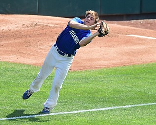 COLUMBUS, OHIO - JUNE 5, 2015: Left fielder Nick Romeo #10 of Poland hangs on to the ball for the 1st out in the bottom of the 3rd inning during Friday mornings Division 2 semi-final game at Huntington Park. Poland won 2-0. (Photo by David Dermer/Youngstown Vindicator)