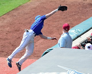 COLUMBUS, OHIO - JUNE 5, 2015: First basemen Jake Hawkins #14 of Poland leaps into the the stands to grab the baseball for the 2nd out in the bottom of the 5th inning during Friday mornings Division 2 semi-final game at Huntington Park. Poland won 2-0. (Photo by David Dermer/Youngstown Vindicator)