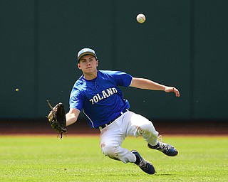 COLUMBUS, OHIO - JUNE 5, 2015: Center fielder Eric White #2 of Poland dives to attempt to catch the baseball during the bottom of the 7th inning during Friday mornings Division 2 semi-final game at Huntington Park. Poland won 2-0. (Photo by David Dermer/Youngstown Vindicator)