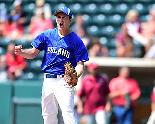 COLUMBUS, OHIO - JUNE 5, 2015: Pitcher Jared Burkert #6 of Poland celebrates after the final strike out in the bottom of the 7th inning during Friday mornings Division 2 semi-final game at Huntington Park. Poland won 2-0. (Photo by David Dermer/Youngstown Vindicator)